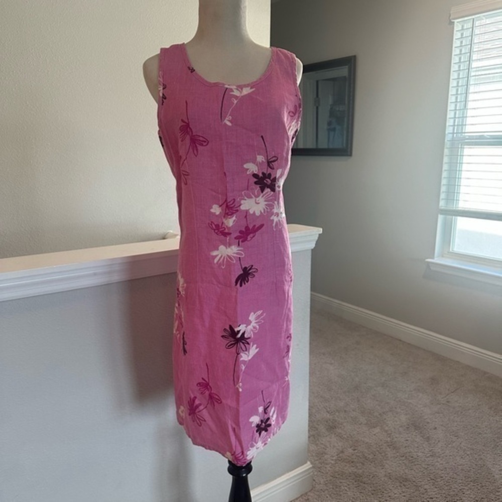 *LIKE NEW*** PINK FLORAL LINEN EMBROIDERED SLEEVELESS DRESS size 10